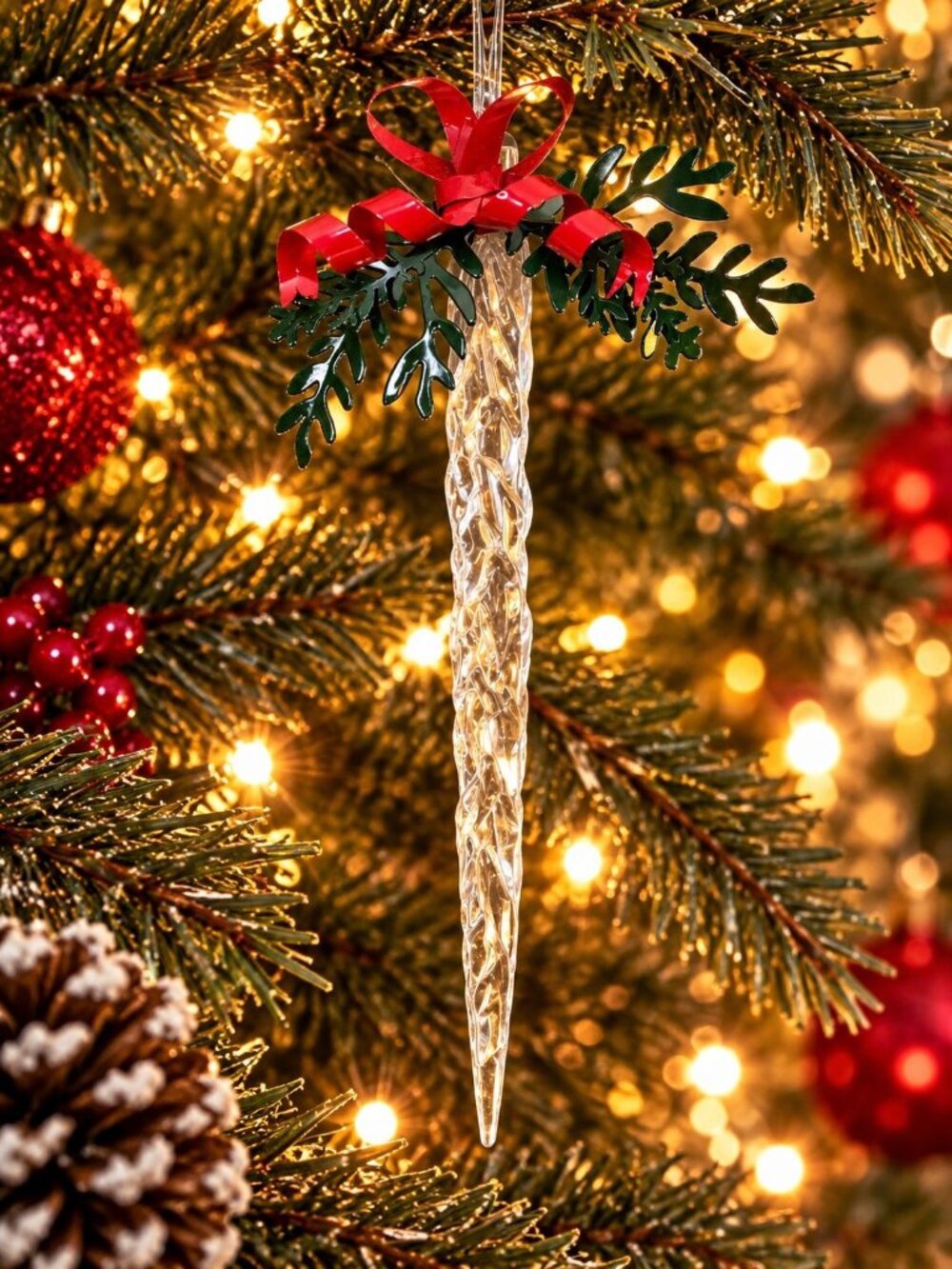 Icicle Christmas Ornament Clear Twisted Pattern Red Bow Greenery Holiday Decor